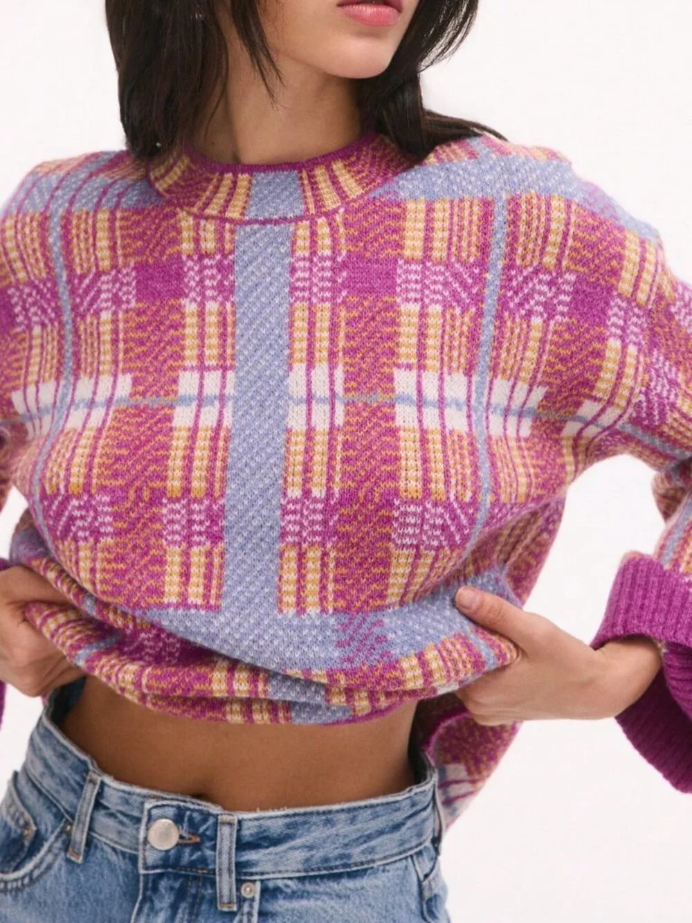 Red Violet Casual Women's Brushed Plaid Knit Sweater With Crew Neck